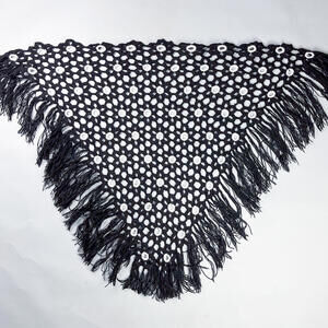 Handmade Black and White Crochet Shawl with Fringe